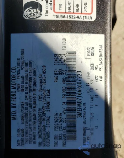 2006 Mercury Milan from USA, damaged, VIN 3MEFM07166R607220